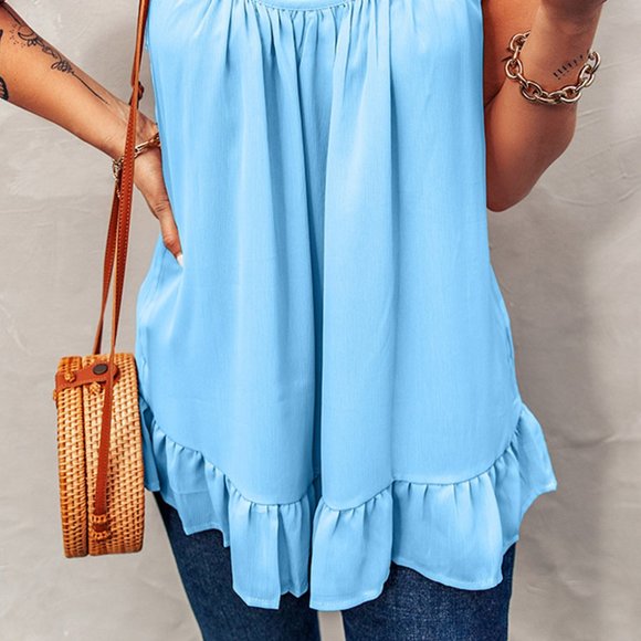 Light Blue Spaghetti Straps Pleated Ruffled Tank Top - Picture 5 of 13
